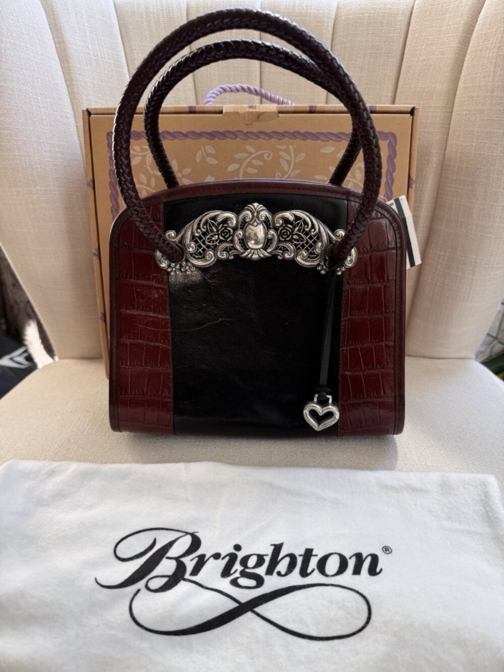 VTG BRIGHTON CHANTILLY BLACK BROWN LEATHER Croc Embossed Top Handle Satchel Bag